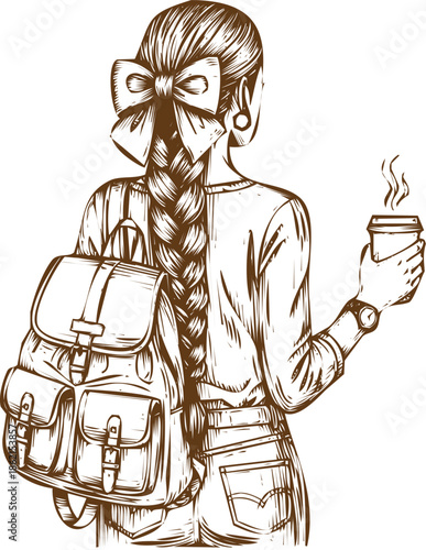 An engraving art style illustration hand drawn young woman with braided hair, backpack, and coffee cup seen from behind, sketch style