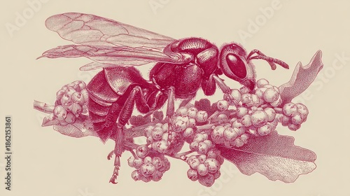 Vintage Illustration of Bee Pollinating Flowering Branch