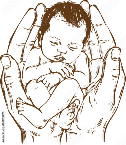 An engraving art style illustration hand drawn sleeping newborn baby cradled gently in two large cupped hands, line art illustration
