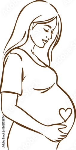 An engraving art style illustration hand drawn outline drawing of a pregnant woman holding her belly with a heart symbol, symbolizing motherhood and anticipation