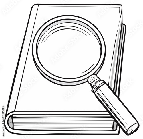 Line art illustration of a magnifying glass on a closed hardcover book for research and learning concepts