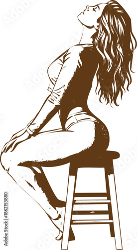 An engraving art style illustration hand drawn sensual woman posing sitting on a stool, stylized brown vector illustration