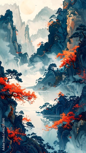 Misty Mountain Landscape with Red Trees.