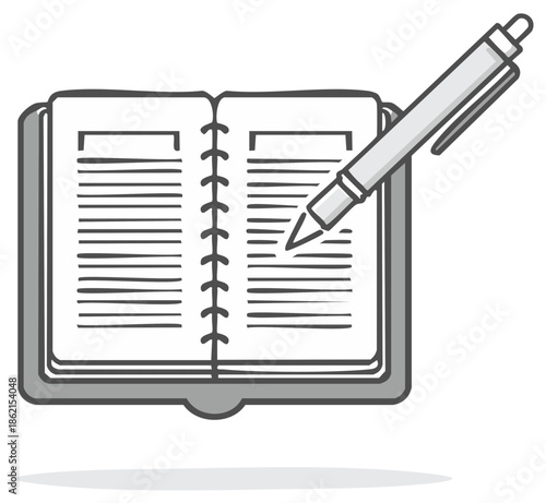 Doodle style notebook with spiral binding and ballpoint pen for writing and journaling simple vector illustration