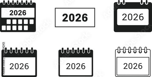 Black silhouette 2026 calendar icon set, annual schedule and appointment planner symbols, time management templates for the new year isolated on white background