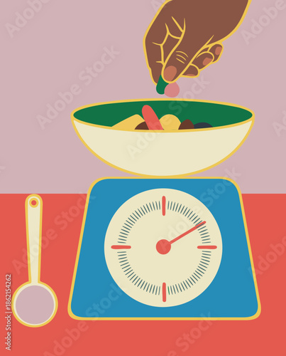 Measuring vitamins on a kitchen scale, flat illustration
