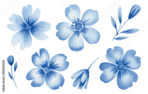 Blue flax watercolor blossoms with soft hand painted petals.