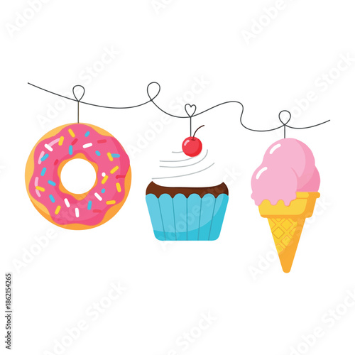 Whimsical sweet treats like a donut, cupcake, and ice cream cone hanging on a string
