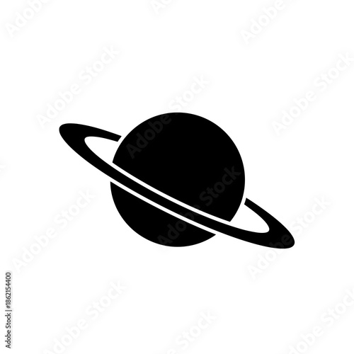A simple black silhouette icon of the planet saturn with rings isolated on a white background isolated on white background