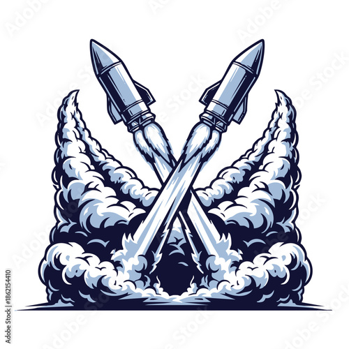 Two rockets launching into sky vector illustration