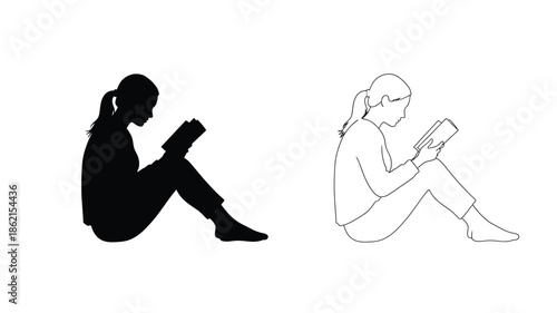 A seated figure reading a book depicted in both solid black and white line art