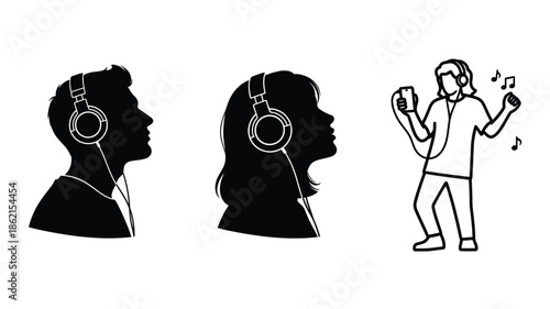 Silhouettes of people listening to music and enjoying a cheerful melody