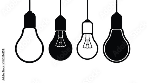 A simple illustration featuring four distinct black light bulb silhouettes