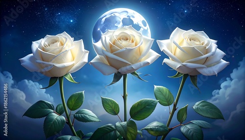 Three White Roses with Full Moon.