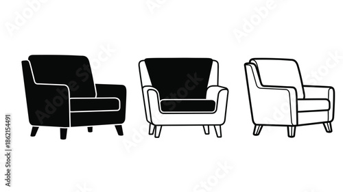A simple illustration of three different armchairs in black and white