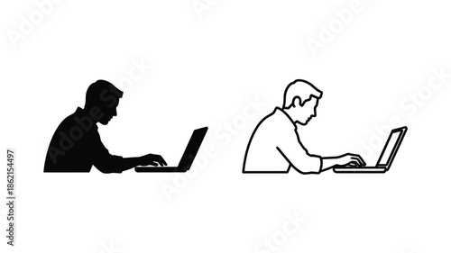 Two figures working on laptops silhouetted in a minimalist graphic style