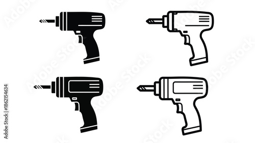 Four black and white illustrations of power drills in different orientations