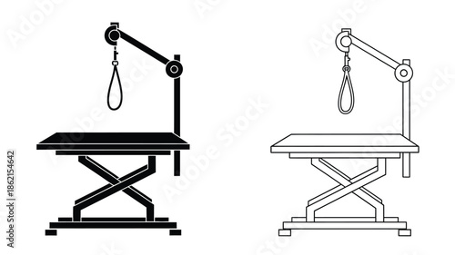 Detailed illustration of grooming tables with adjustable arms for pet care