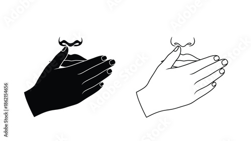 Black and white illustration depicting hands making a bunny ears gesture