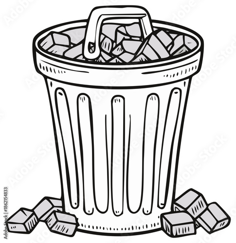 Hand drawn illustration of an overflowing trash can filled with rubbish and spilled waste cubes