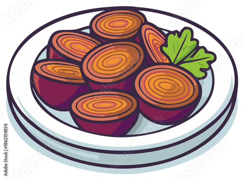 Colorful sliced beets with fresh herb garnish on a serving plate