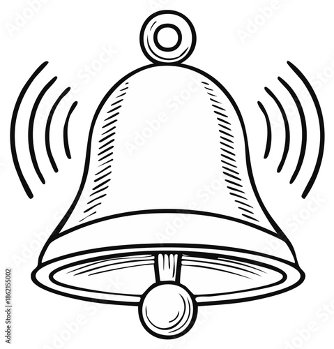 Monochrome line drawing of an Antique Ringing Bell with Visible Waves, Illustration
