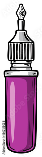 Vibrant purple ink bottle with classic pen nib illustration for artistic expression and stationery