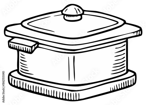Square Pot with Lid Hand Drawn Illustration Culinary Equipment Kitchenware Food Preparation Cooking Vessel