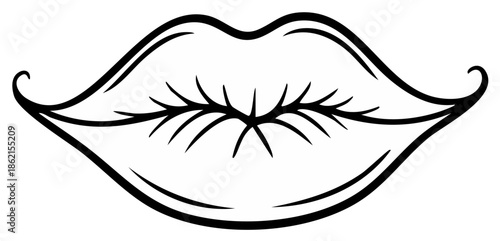 Closed lips sketch with eyelashes, simple line art, monochrome illustration