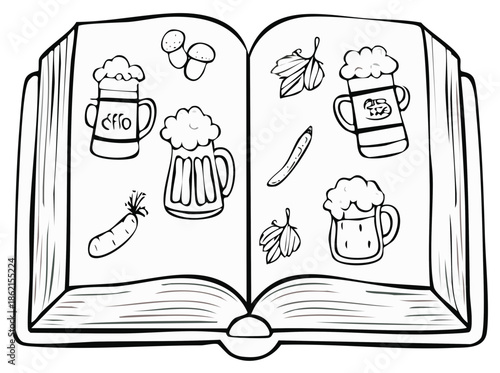 Open Book Displaying Oktoberfest Elements Line Art Celebration