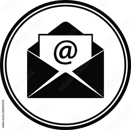 Black silhouette email envelope icon with at symbol, electronic mail communication sign, digital message and newsletter symbol vector isolated on white background