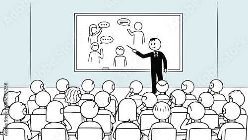 A cartoon illustration of a diverse business team communicating online with speech bubbles and laptops