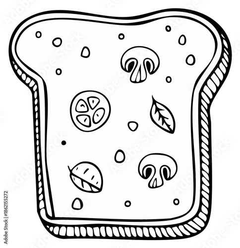 Sketch of toast with tomato slice, mushrooms and herbs. Perfect for a coloring book, menu design or food blog illustration.