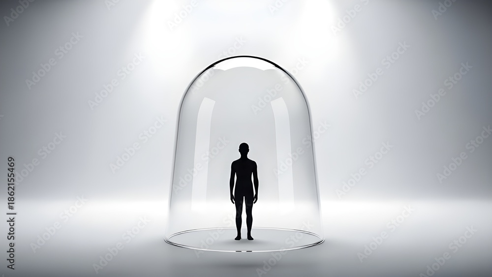 Obraz premium Silhouette of a person enclosed in a glass dome, symbolizing isolation, protection, and emotional separation in a minimalistic, light-filled space.
