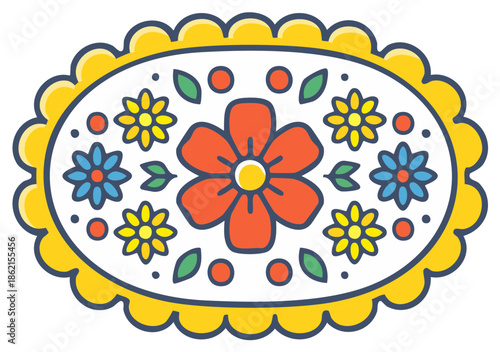 Bright floral pattern in a scalloped oval frame with traditional folk art inspired design