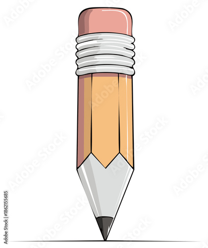 Cartoon yellow pencil with pink eraser and sharpened graphite tip drawing a line