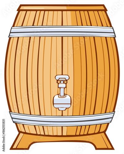 Cartoon Illustration of a Wooden Barrel with a Spigot for Wine Whiskey or Beer Container with Vintage Look