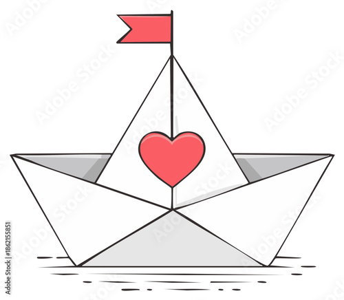 Paper boat afloat with a red heart and a flag creating a symbolic voyage of love in a simplistic doodle style illustration