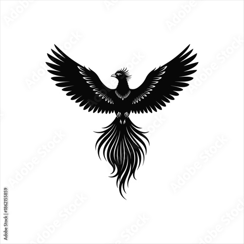 A striking black silhouette of a phoenix in flight