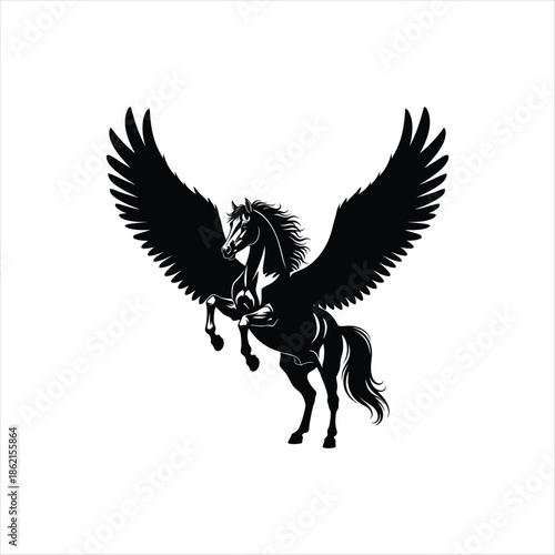 A striking black silhouette of a mythical winged pegasus figure