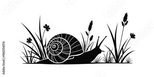 A black silhouette of a snail resting on a delicate branch