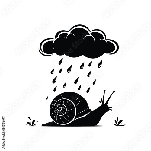 A solitary snail sheltered beneath a dark rain cloud silhouette