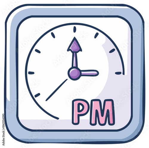 Clock icon showing 3 PM in cartoon style, ideal for scheduling appointments or setting reminders with clear indication