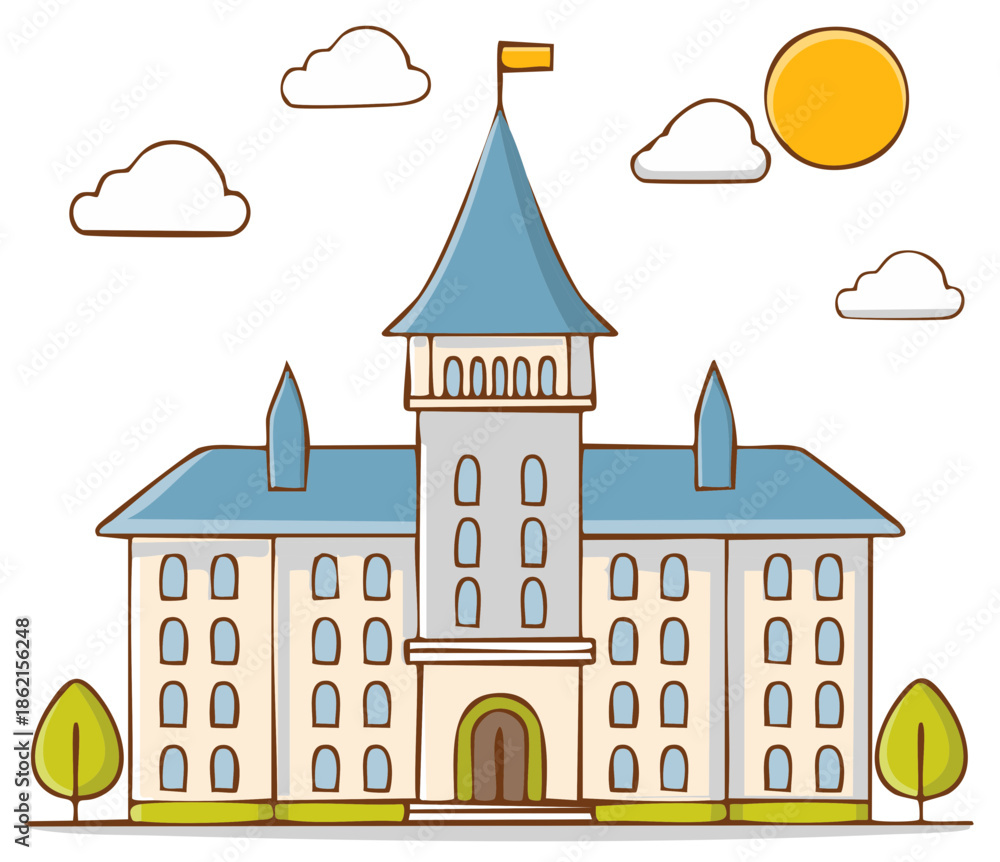 Fototapeta premium Illustration of a cartoon building with a tower, clouds, sun, and trees.