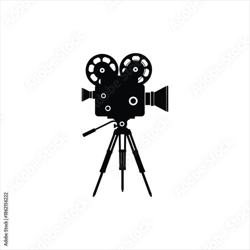 Black silhouette of a vintage film camera mounted on a tripod