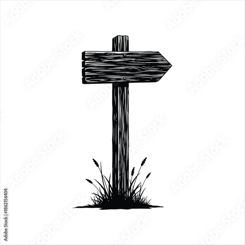 Simple black silhouette of a wooden direction signpost against a white background