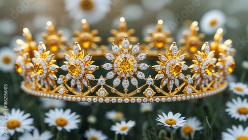 Radiant canary diamond sunny crown tiara in yellow gold bright on daisy field soft blur