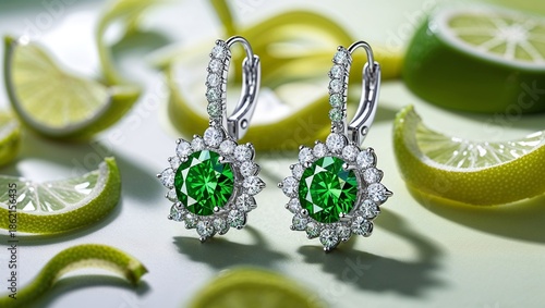 Radiant fancy green diamond leverback earrings in white gold sparkle sunny on fresh lime peel curls