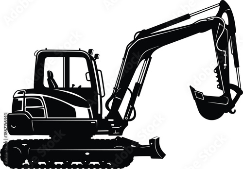 Black silhouette heavy excavator machinery icon, industrial construction equipment for earthmoving and digging work, hydraulic power digger vector on white background isolated