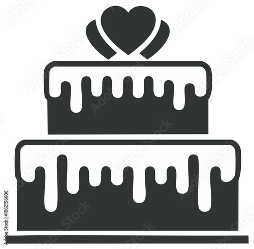 Two-tier cake with dripping frosting and heart topper, celebration dessert icon